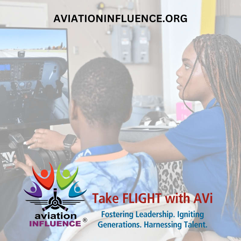 A young boy and a woman are in the foreground using a flight simulator, with the "AVIATIONINFLUENCE.ORG" website visible in the background.
