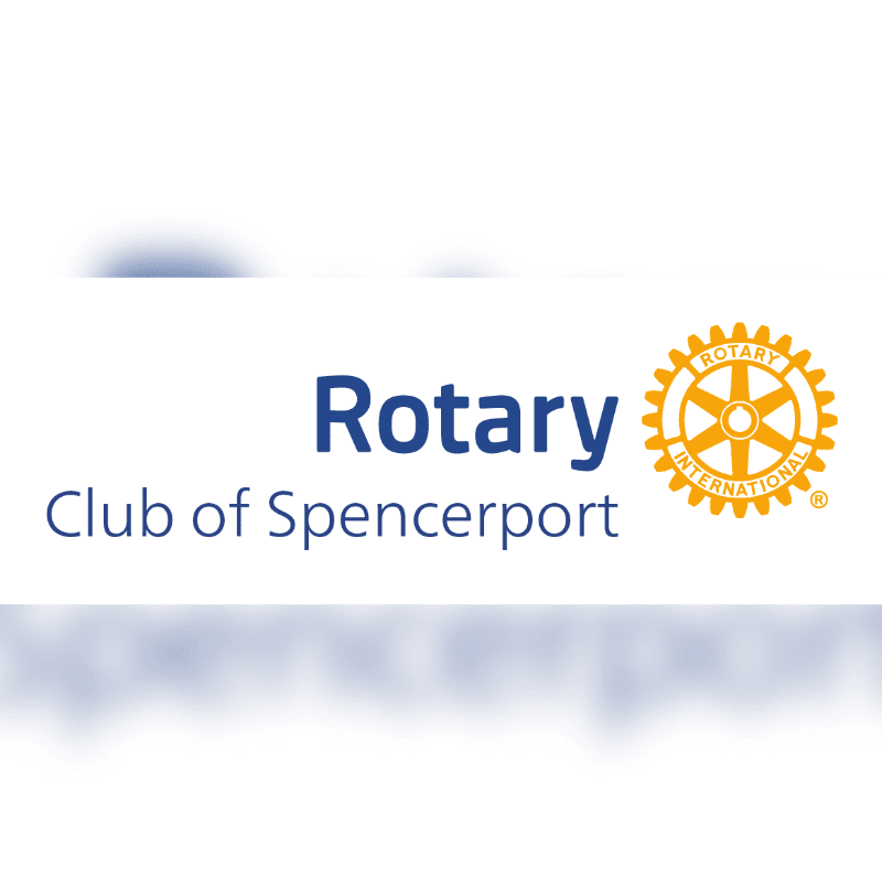 The foreground displays the "Rotary Club of Spencerport" logo with the Rotary International emblem, set against a blurred white and blue background.