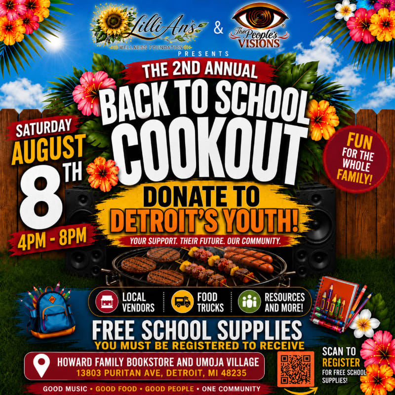 A vibrant "Back to School Cookout" flyer features a grill with food in the foreground and a wooden fence with colorful flowers and greenery in the background.