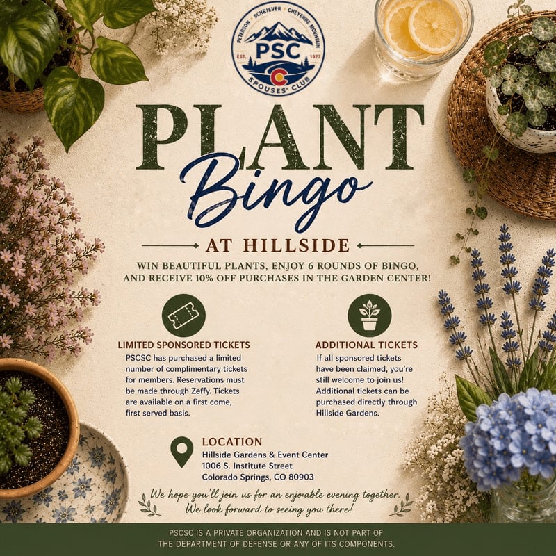 Potted plants and a drink with lemon slices are in the foreground, while the background features a flyer for "Plant Bingo at Hillside" with floral accents.