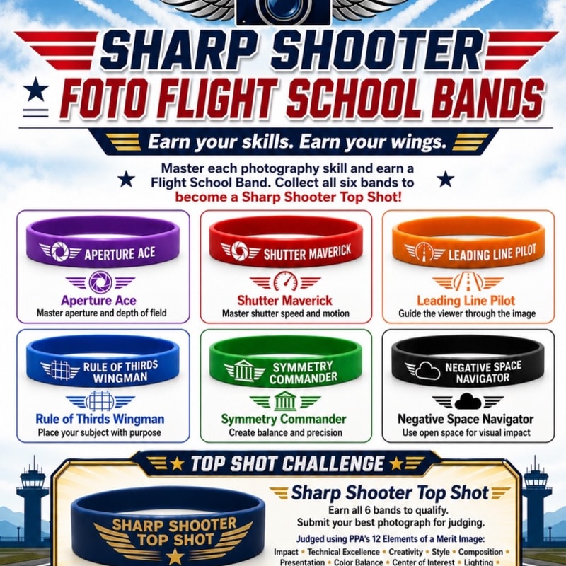 In the foreground, colorful photography skill bands are displayed, while the background features a stylized eagle and patriotic elements above a runway with control towers.