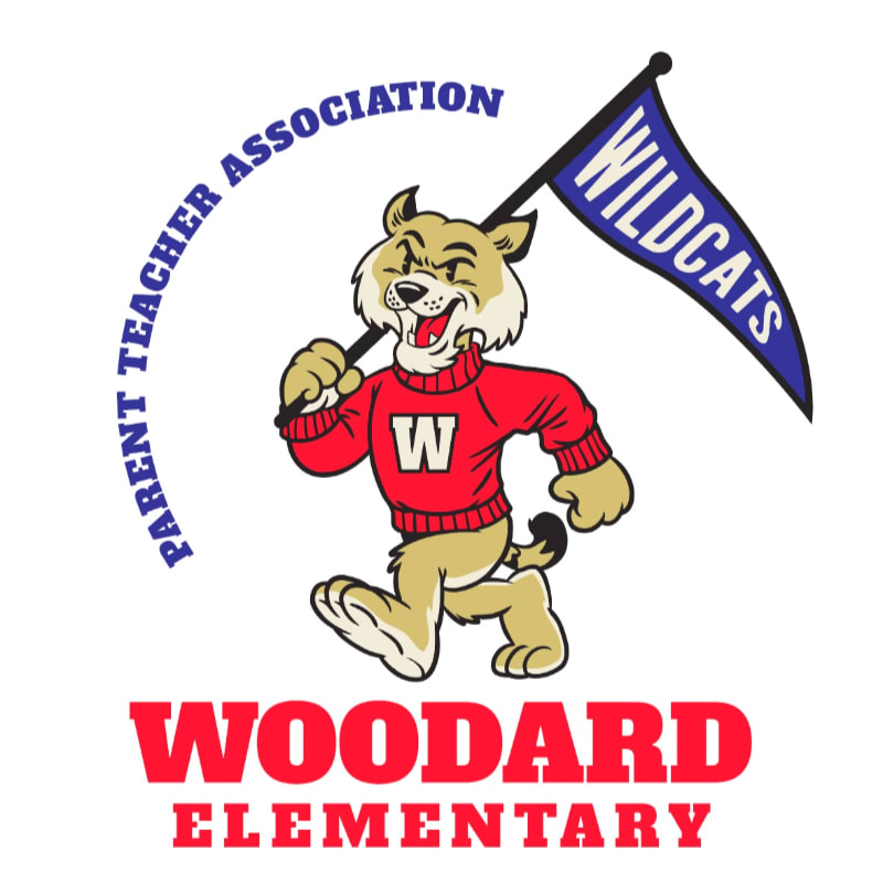 A cartoon bobcat mascot wearing a red sweater with a "W" logo and holding a "Wildcats" flag walks in front of a white background with "Parent Teacher Association" curved above and "Woodard Elementary" in red block letters below.
