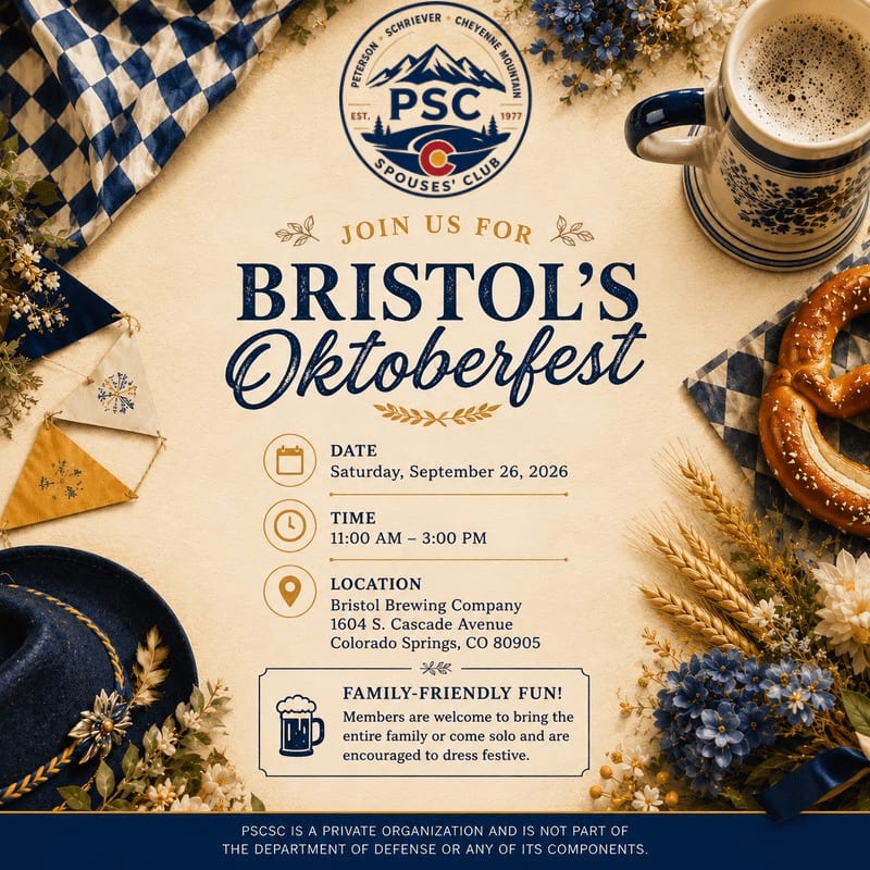 A festive Oktoberfest invitation is laid out with a pretzel, beer mug, and hat in the foreground, set against a background of blue and white checkered fabric and floral accents.