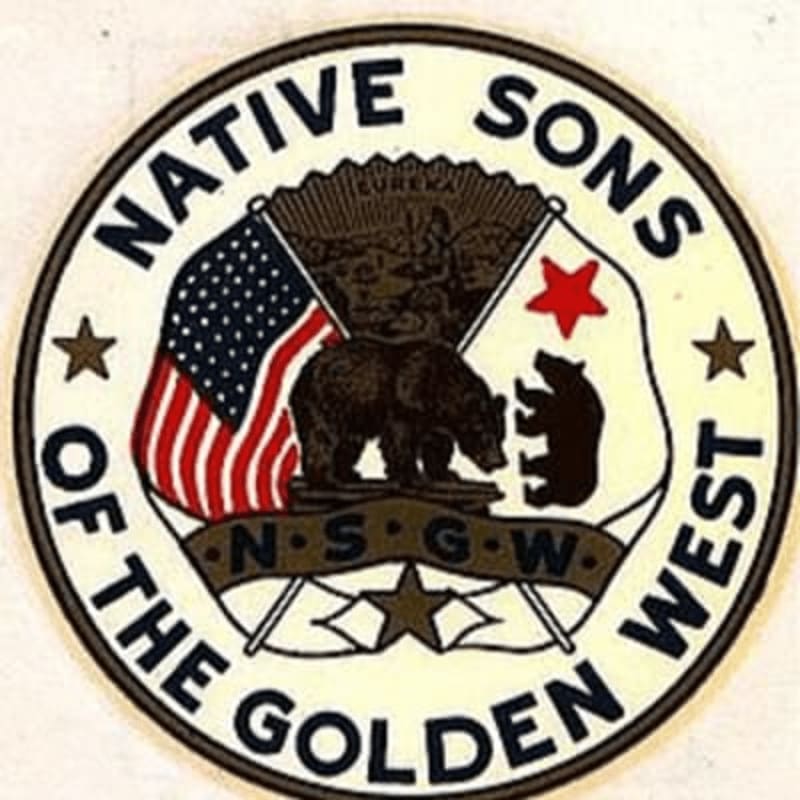 A circular emblem features two bears, one large and one small, standing before the American and California state flags, with the words "NATIVE SONS OF THE GOLDEN WEST" encircling the design.