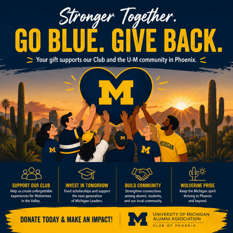 A group of diverse people in Michigan Wolverines gear hold up a large "M" logo against a desert sunset background, with icons representing donations below.