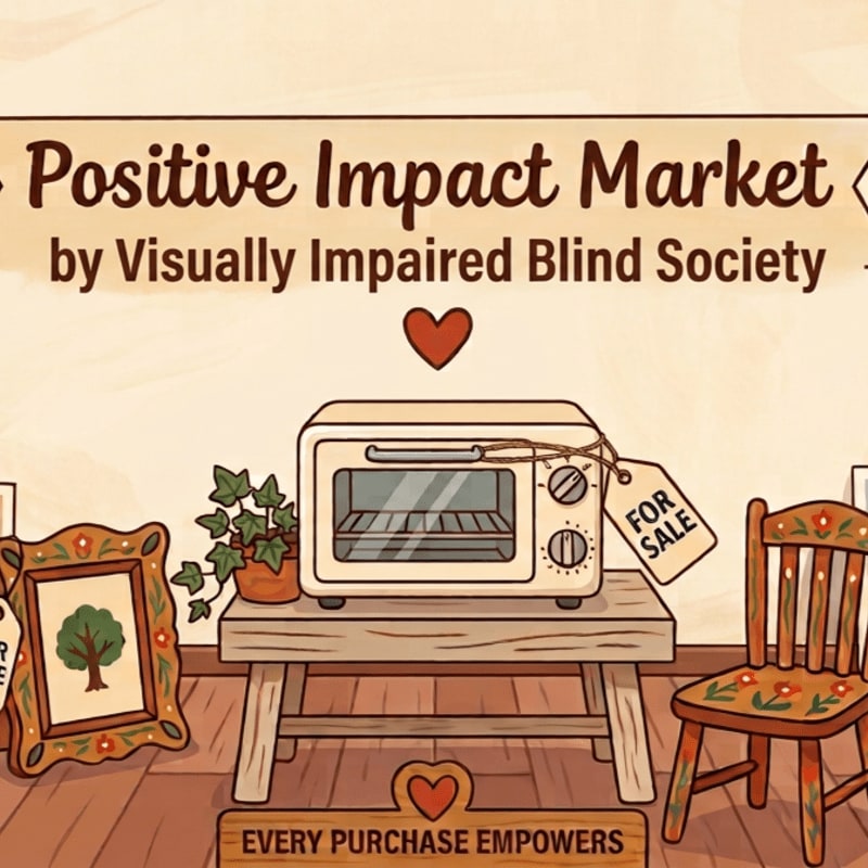 A toaster oven with a "for sale" tag sits on a wooden table in the foreground, while a framed picture and a decorated chair are visible on either side, all set against a backdrop of text announcing a "Positive Impact Market."
