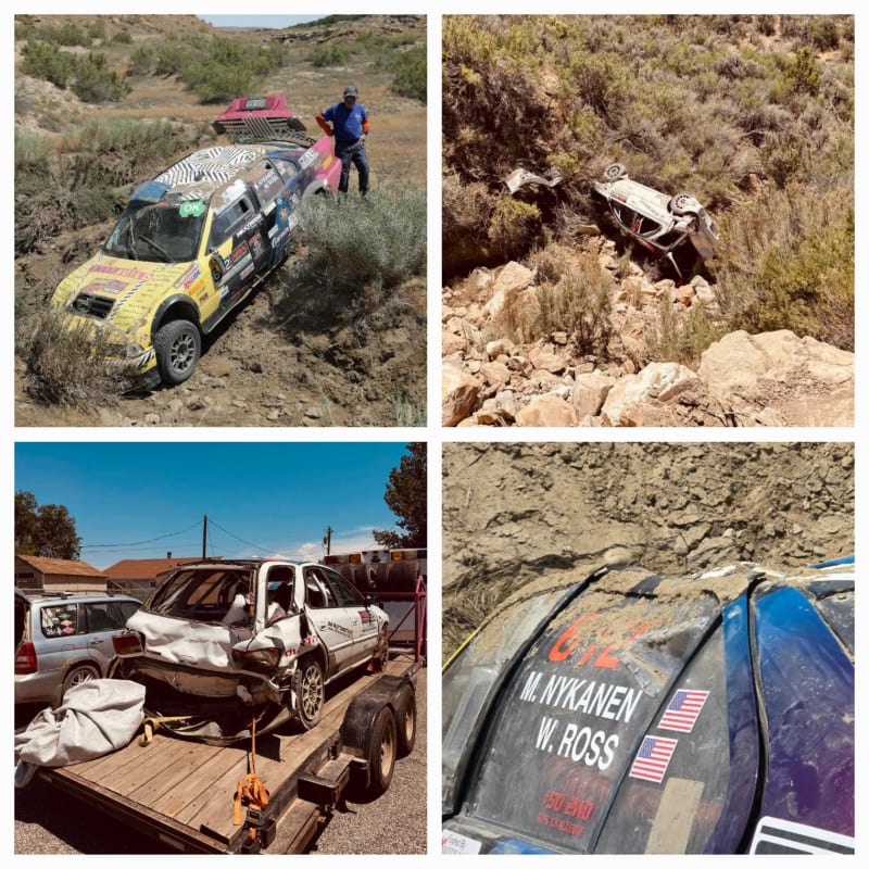 Four images show damaged cars in various outdoor and roadside settings, with one car overturned in a rocky ditch and another being loaded onto a trailer.