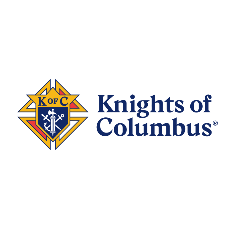 A logo with a shield containing a sword, anchor, and cross is on the left, with the words "Knights of Columbus" in dark blue text on the right, all against a white background.