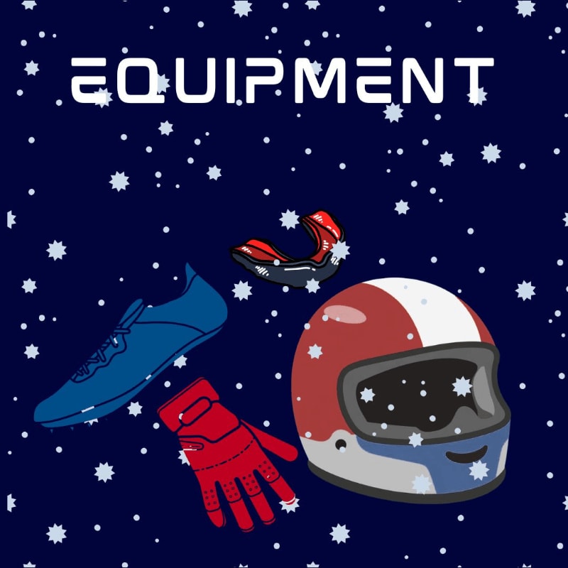 A red and white helmet, blue cleat, red glove, and red mouthguard float against a dark blue background with white speckles, under the word "EQUIPMENT" in white block letters.