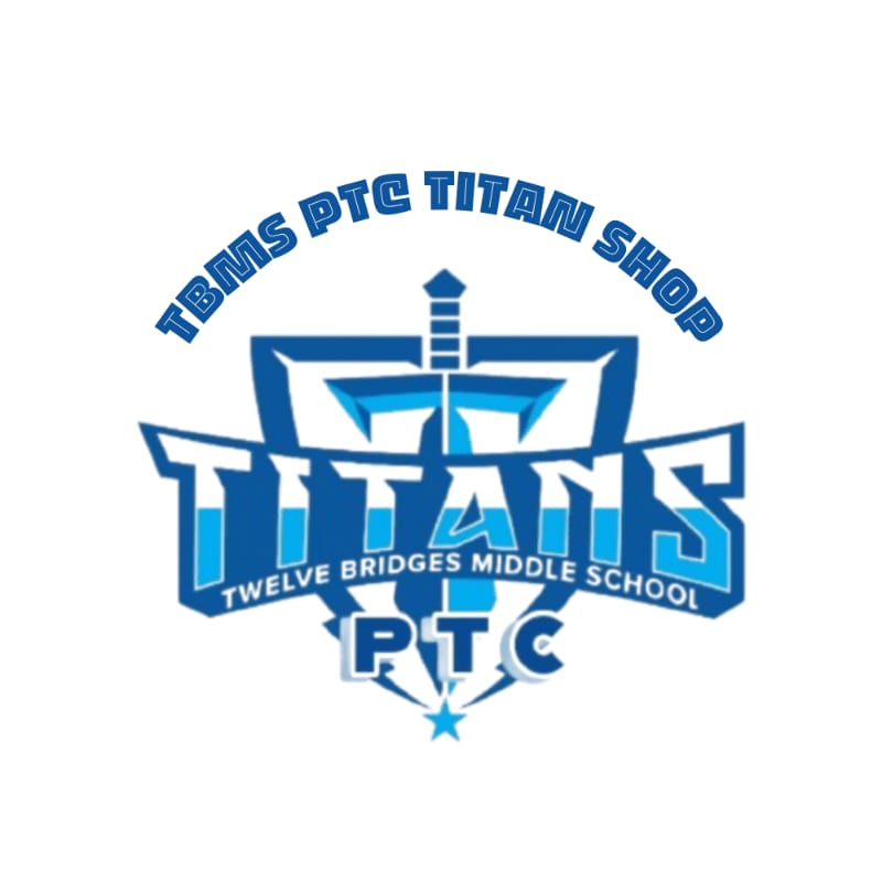 A blue and white logo for "TBMS PTC TITAN SHOP" with "TITANS" prominently displayed in the foreground and "TWELVE BRIDGES MIDDLE SCHOOL PTC" below it, all set against a plain white background.
