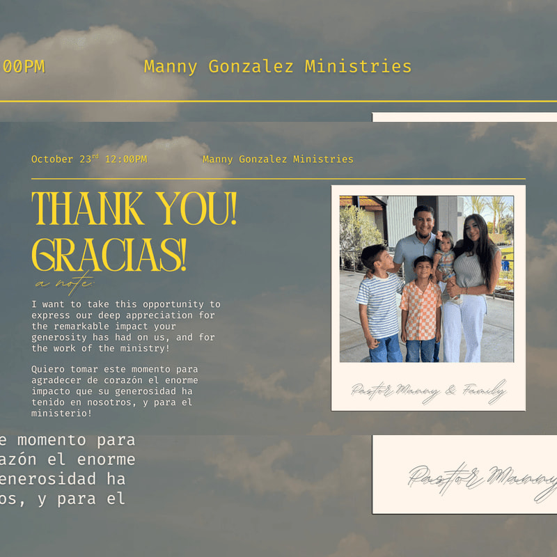 A family photo is in the foreground, with a sky background featuring text expressing gratitude.