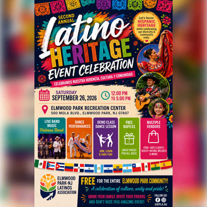 A vibrant flyer advertises the second annual Latino Heritage Event Celebration in Elmwood Park, NJ, featuring colorful graphics of people and flags against a dark background.