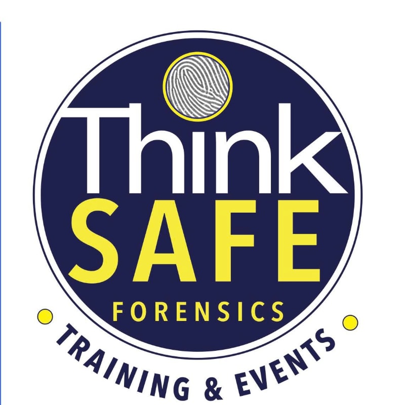 A circular logo with a fingerprint at the top, the words "Think SAFE FORENSICS" in white and yellow, and "TRAINING & EVENTS" in white text on a dark blue background.