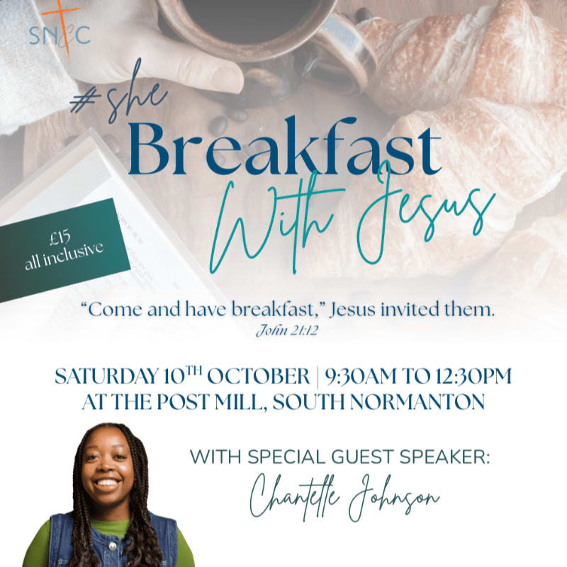A close-up of a breakfast spread with croissants and coffee is in the background, while the foreground features event details and a photo of a smiling woman.