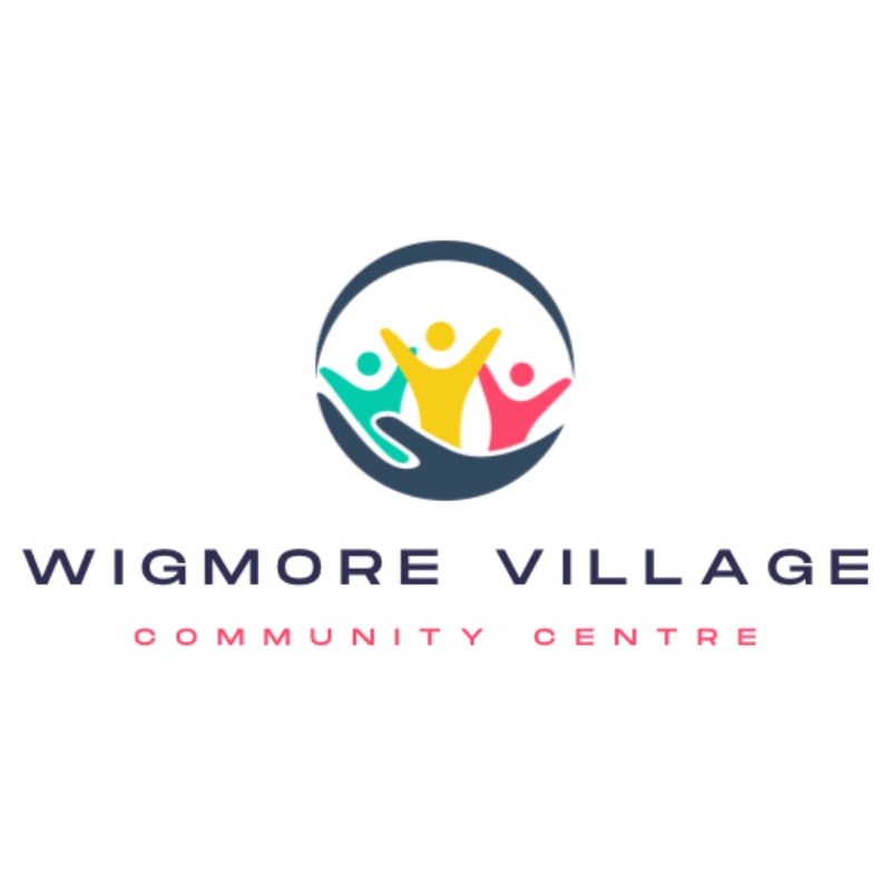 A logo with three colorful figures reaching upwards within a dark blue circle, set against a white background with the text "WIGMORE VILLAGE COMMUNITY CENTRE" below.