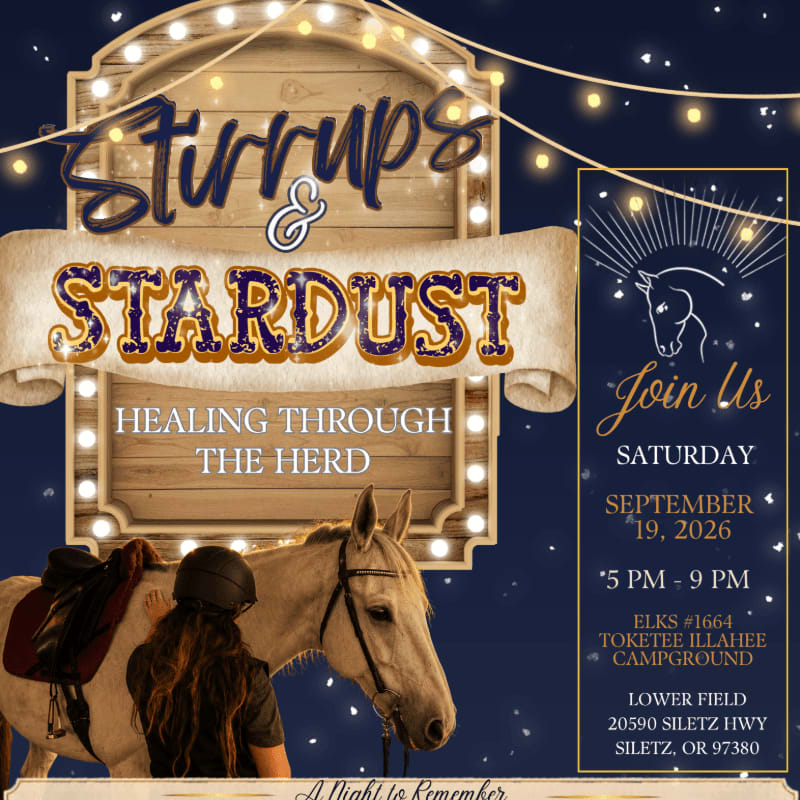 A horse and rider in the foreground are illuminated by string lights against a dark, starry background advertising "Stirrups & Stardust" with event details.