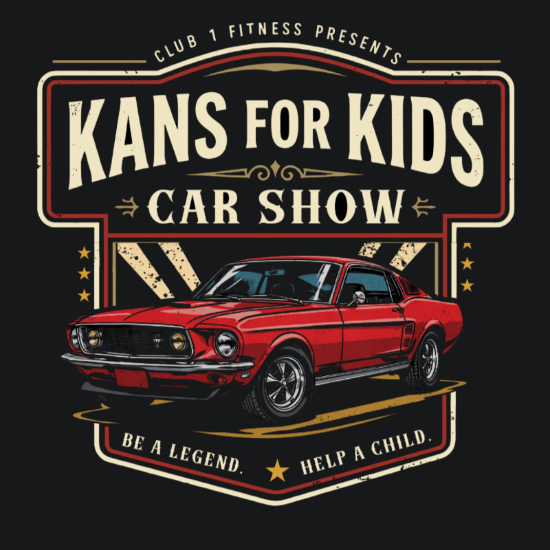 A vintage red car is featured in the foreground of a "Kans for Kids Car Show" poster, with the event title and sponsor prominently displayed in the background.