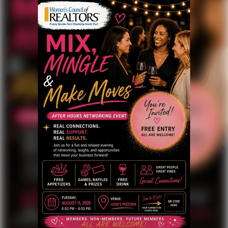 A flyer for a Women's Council of REALTORS networking event is displayed with three smiling women holding wine glasses in the background.