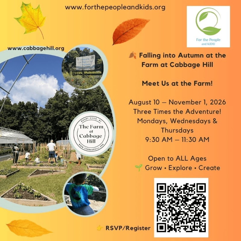 Autumn leaves and farm imagery frame an event announcement for "Falling into Autumn at the Farm at Cabbage Hill" with dates, times, and registration information.