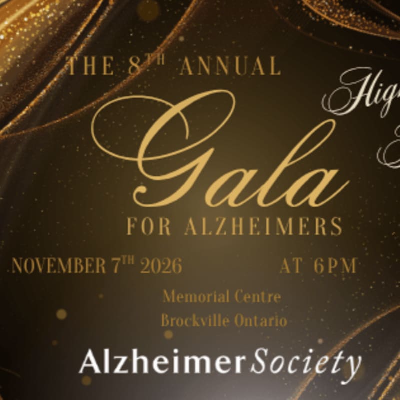 A golden, sparkling background frames the text announcing the 8th Annual Gala for Alzheimer's on November 7th, 2026, at 6 PM at the Memorial Centre in Brockville, Ontario, presented by the Alzheimer Society.