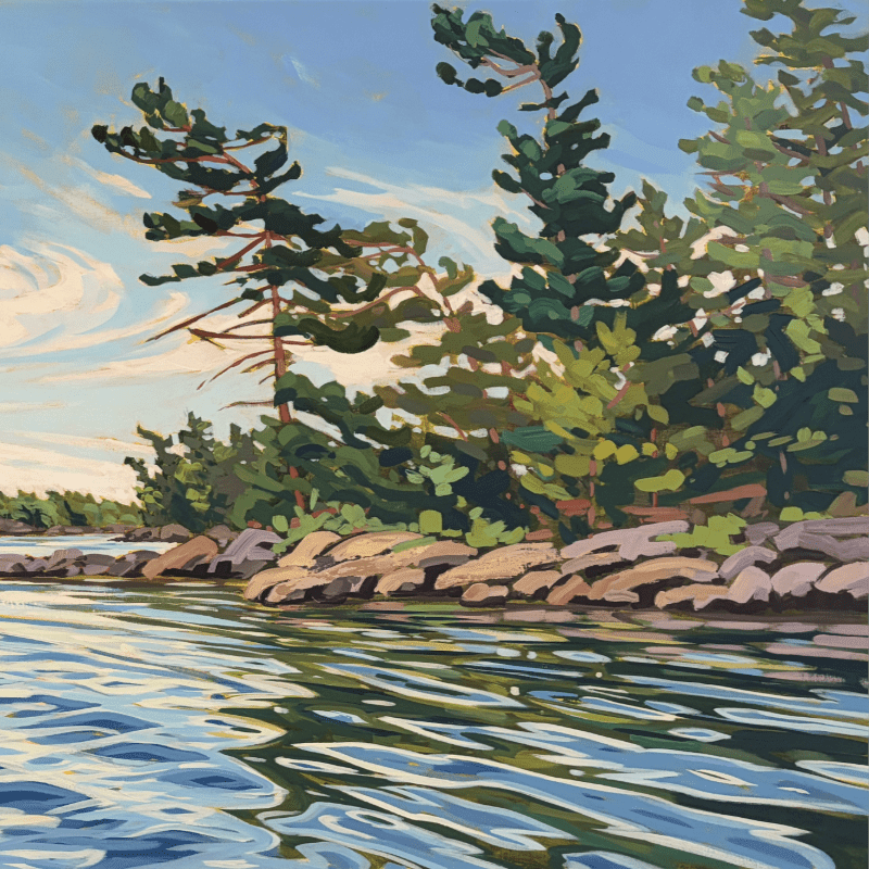 Rippling blue water fills the foreground, leading to a rocky shoreline dotted with pine trees under a bright, cloudy sky.