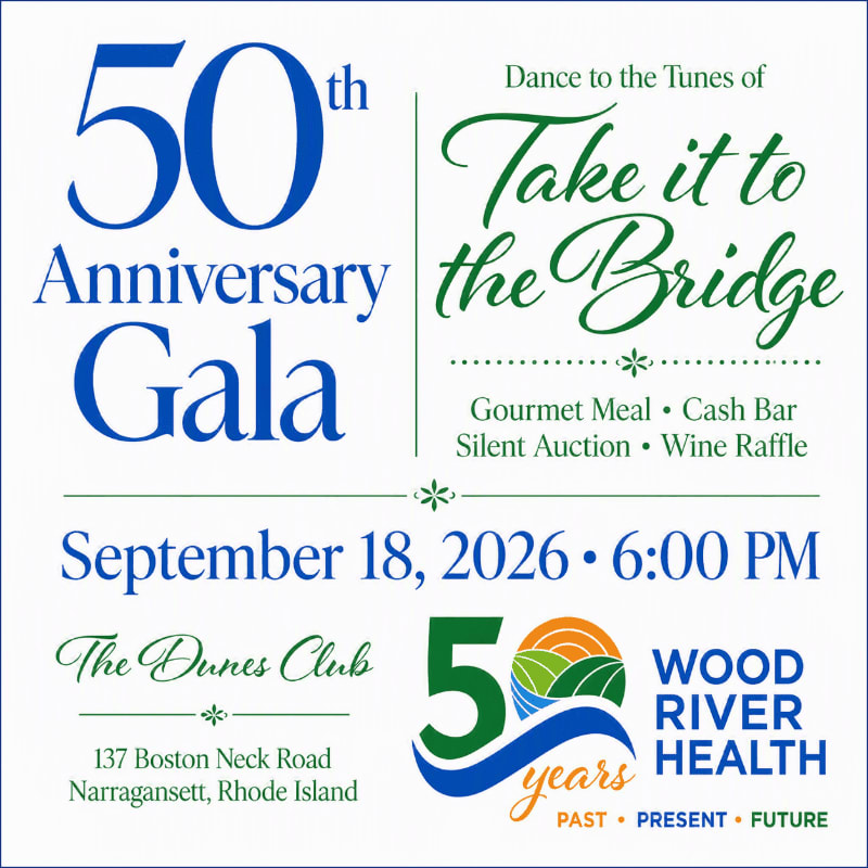 A 50th Anniversary Gala invitation for Wood River Health is displayed with event details in the foreground and a stylized "Take it to the Bridge" title in the background.