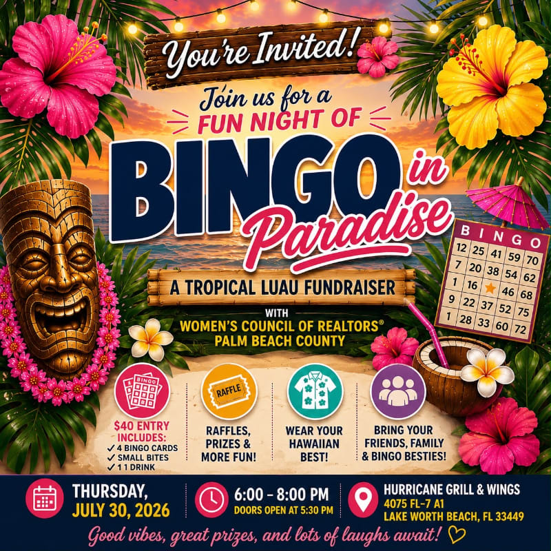 A tropical luau-themed invitation for a "Bingo in Paradise" fundraiser features a tiki mask and leis in the foreground against a background of hibiscus flowers, palm fronds, and a beach scene.