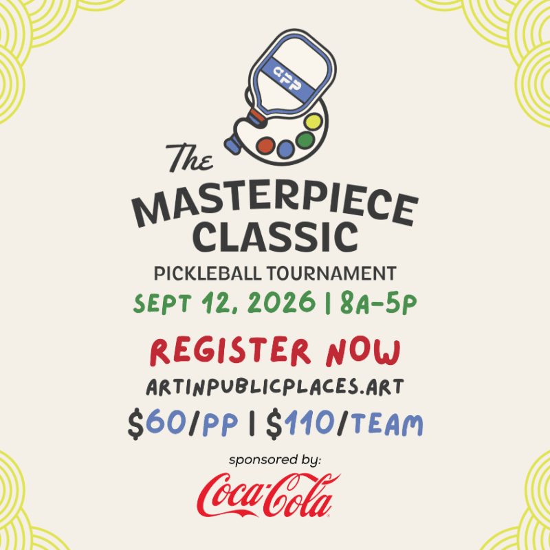 A pickleball tournament poster with a paint bottle and palette in the foreground and a yellow circular pattern in the background.