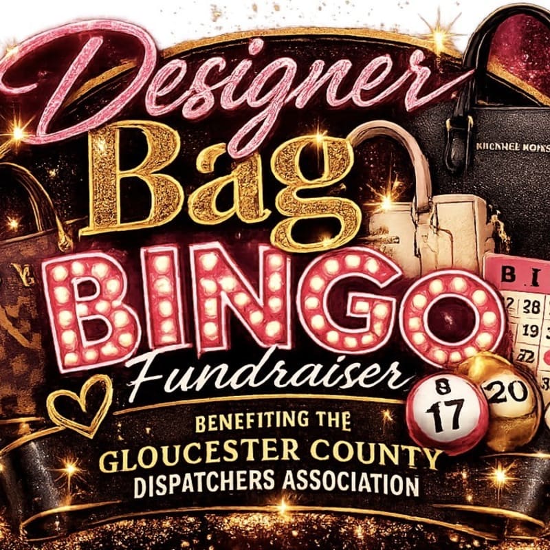 Sparkling designer bags and bingo balls fill the foreground, set against a dark, glittery background advertising a "Designer Bag Bingo Fundraiser" for the Gloucester County Dispatchers Association.