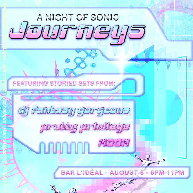 In the foreground, neon-colored text announces "A NIGHT OF SONIC Journeys" and lists DJs, while the background features a futuristic, abstract design with glowing lines and geometric shapes.