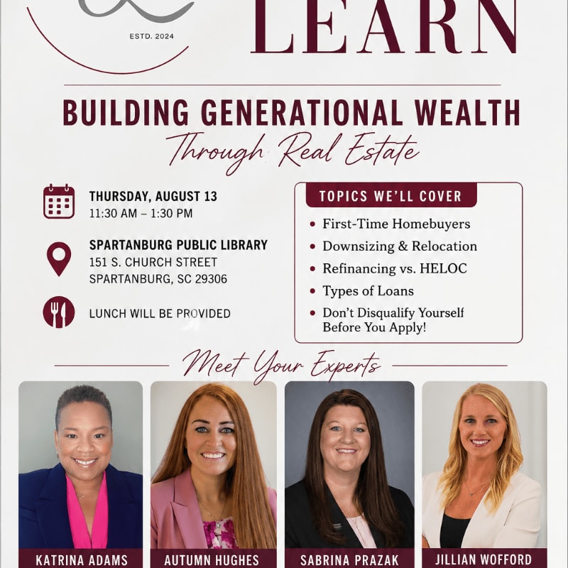 In the foreground, four women are featured as experts, while the background displays event details for a real estate seminar on building generational wealth.