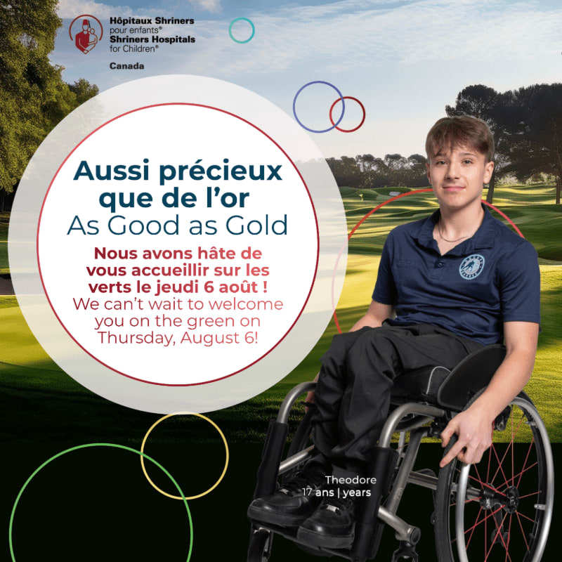 A young man in a wheelchair smiles on a golf course with a large circular text overlay in the foreground and a logo at the top left.