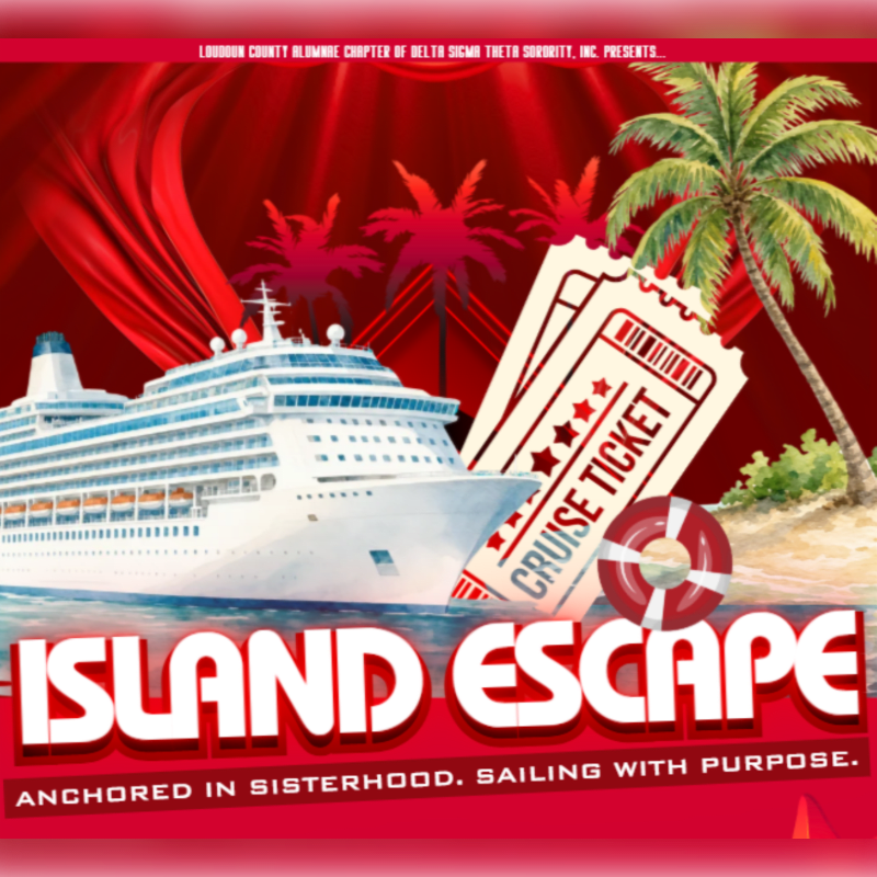 A large white cruise ship sails on the water in front of a tropical island with palm trees, while a cruise ticket and life preserver are prominently displayed.