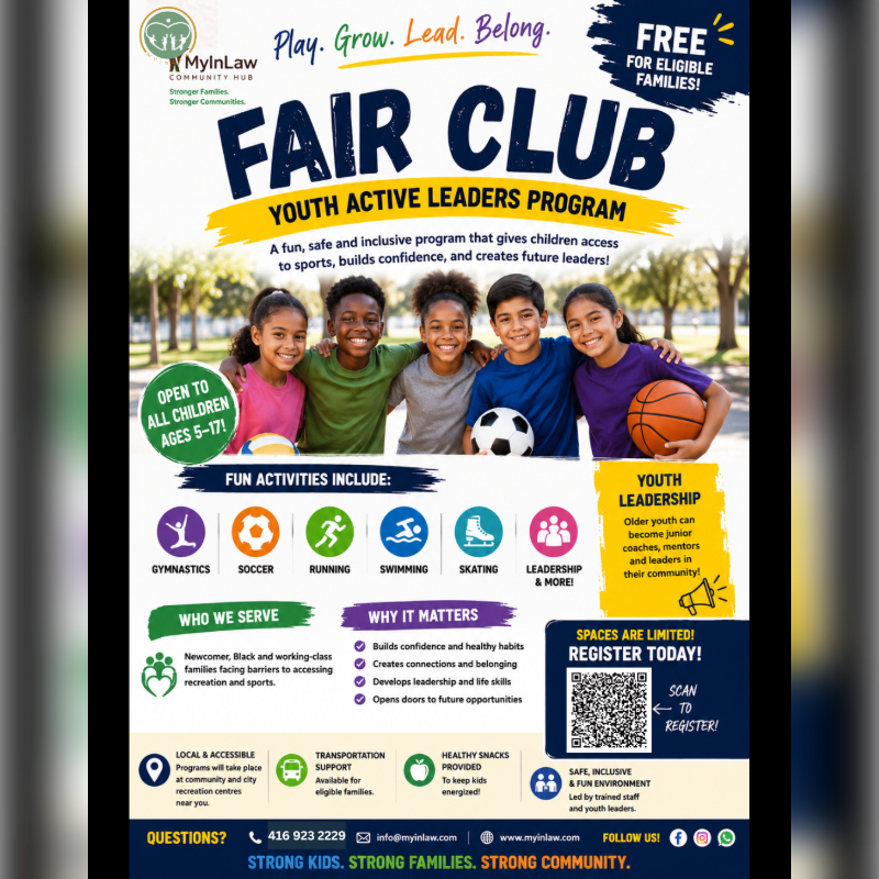 A group of smiling children, some holding sports equipment, are featured in the foreground against a background of text and graphics promoting a youth program.