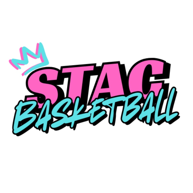 Pink and turquoise text reading "STAG BASKETBALL" with a crown sits on a white background.
