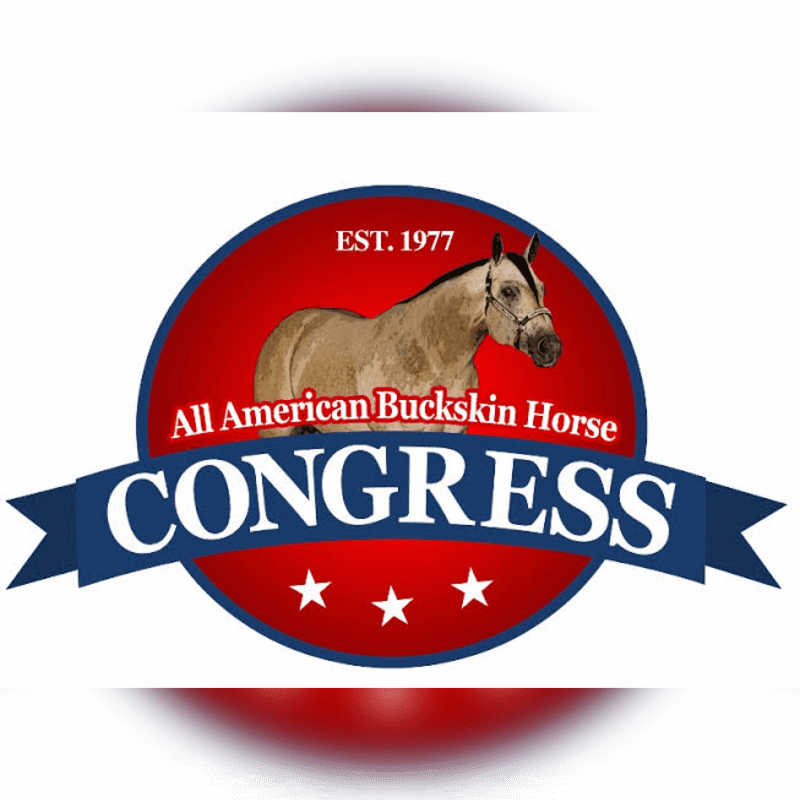 A buckskin horse stands within a red and blue circular emblem that reads "EST. 1977 All American Buckskin Horse CONGRESS" with three white stars below, all set against a white background with a subtle red gradient at the bottom.