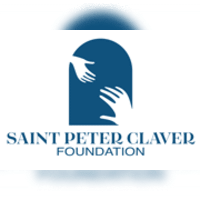 Two hands reach out to each other within a dark blue archway, with the text "SAINT PETER CLAVER FOUNDATION" below, all set against a blurred white and blue background.
