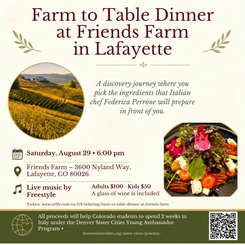 A flyer advertises a "Farm to Table Dinner" at Friends Farm in Lafayette, featuring a scenic vineyard in the background and a vibrant salad in the foreground.