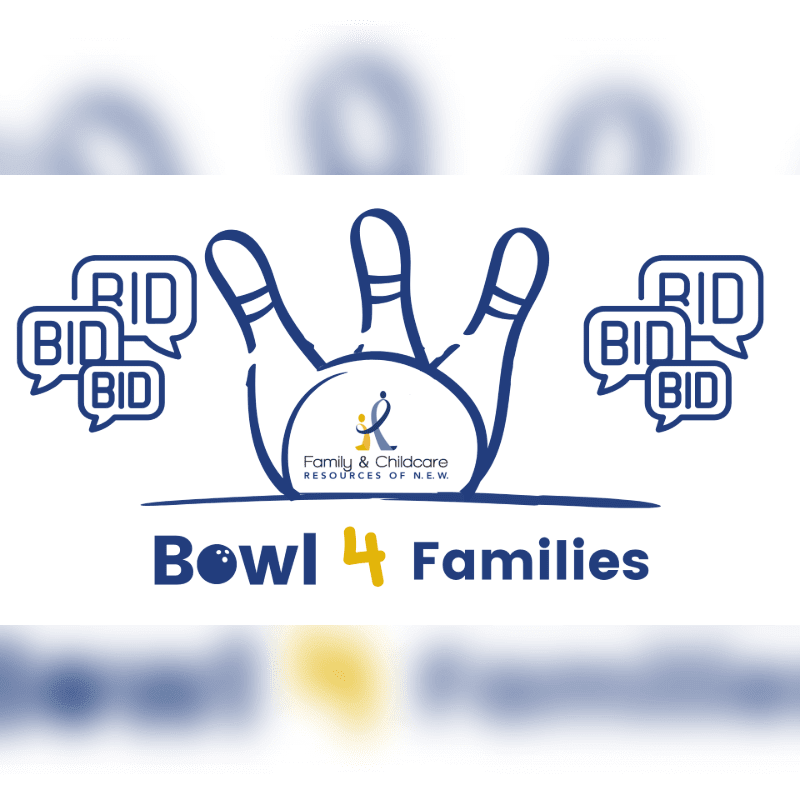 A bowling pin graphic with "BID" speech bubbles on either side is centered above the text "Bowl 4 Families" with a blurred background.