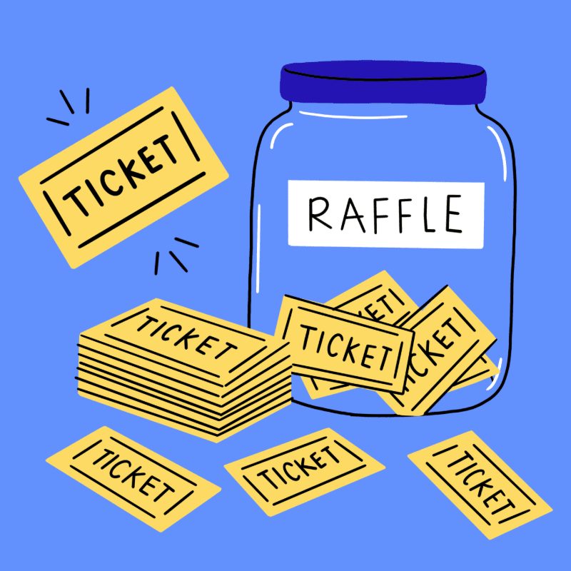 A jar labeled "RAFFLE" sits on a blue background, surrounded by a stack of yellow raffle tickets and several scattered tickets.