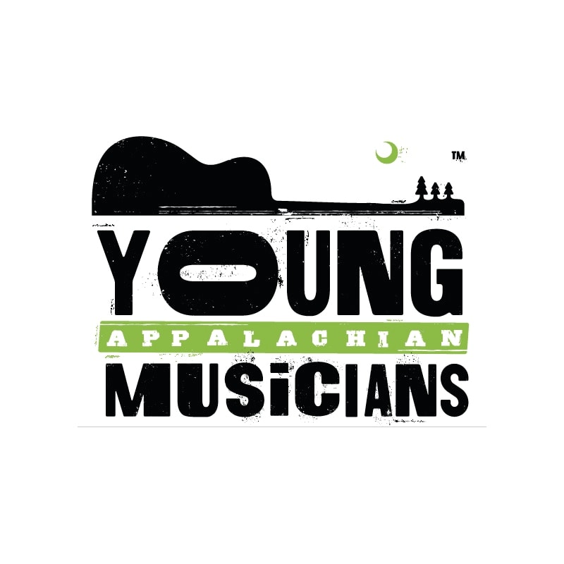 A black silhouette of a guitar rests above bold white text reading "YOUNG" and green text reading "APPALACHIAN" with black text below reading "MUSICIANS", all set against a white background with a small moon and trees in the upper right corner.