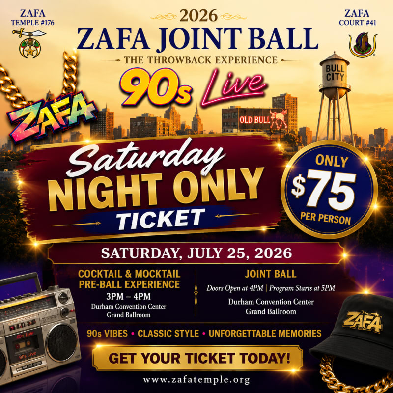 A retro boombox and a gold chain with "ZAFA" on it are in the foreground, while a cityscape with a water tower and the event details for the "ZAFA Joint Ball" are in the background.