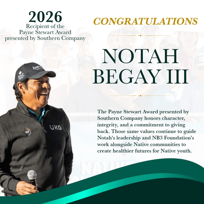 A smiling Notah Begay III, wearing a cap and holding a microphone in the foreground, is recognized as the 2026 recipient of the Payne Stewart Award presented by Southern Company, with congratulatory text and a description of the award filling the background.