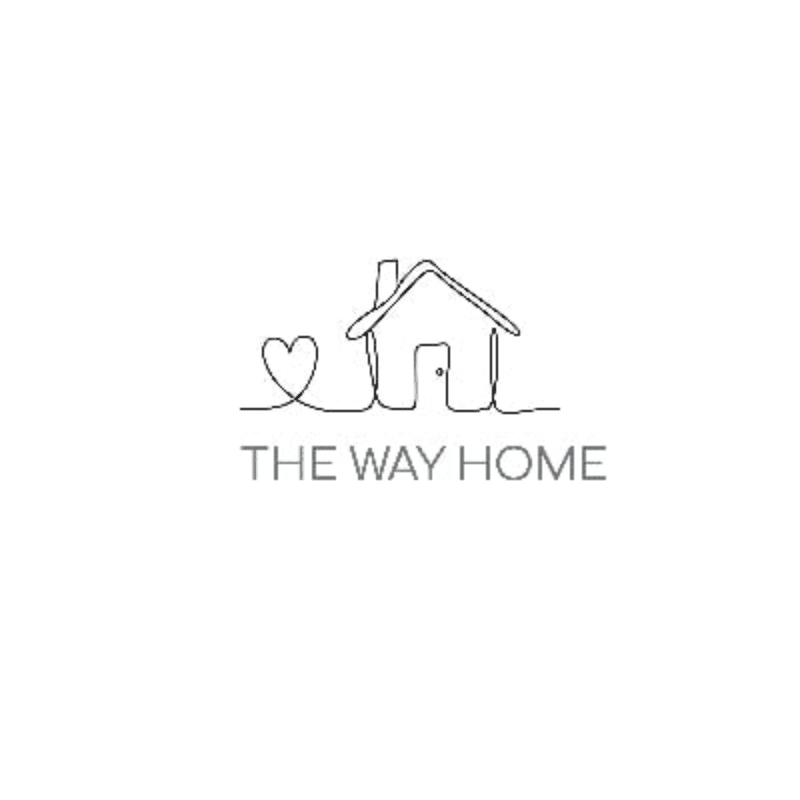 A minimalist line drawing of a house with a heart in the foreground is set against a plain white background with the text "THE WAY HOME" below.