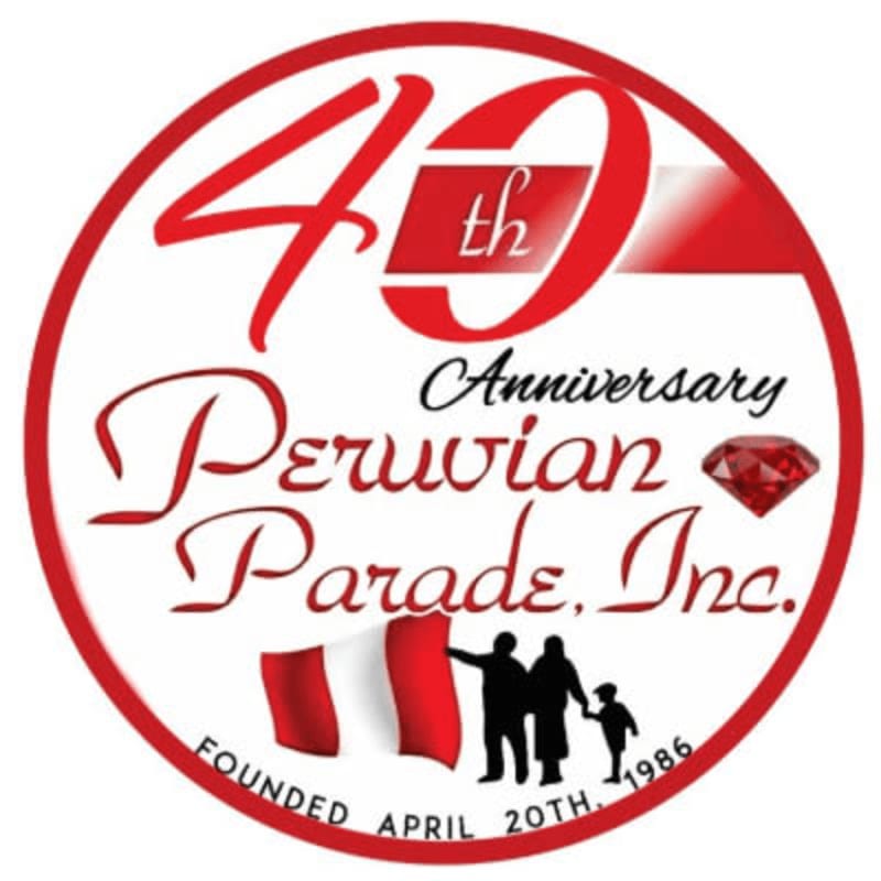 A circular logo for the 40th Anniversary of Peruvian Parade, Inc. features a red border, the number "40" in red and white, the text "Anniversary Peruvian Parade, Inc." in elegant script, a red diamond, silhouettes of a family holding a Peruvian flag, and the founding date at the bottom.
