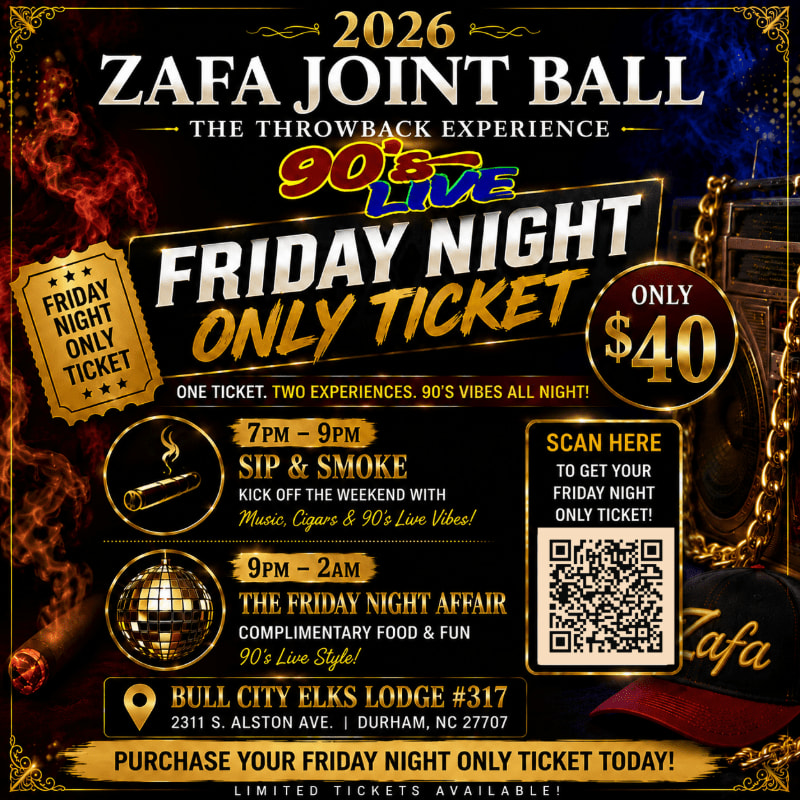 A flyer for the 2026 ZAFA Joint Ball, advertising a "90's Live Throwback Experience" with a Friday Night Only Ticket for $40, is set against a background of fiery colors and vintage audio equipment.