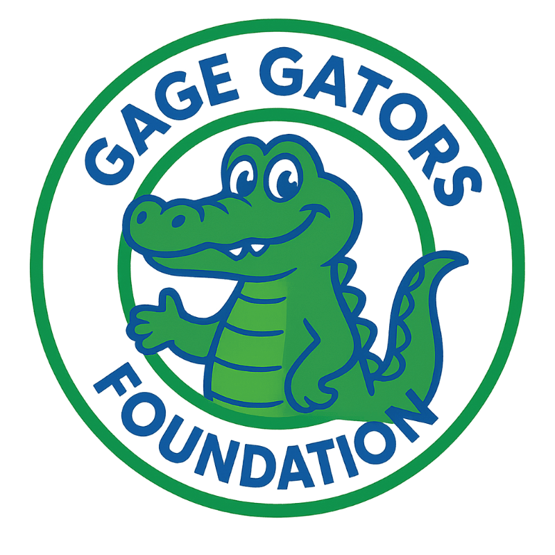 A cartoon alligator with a friendly smile is centered within a green and blue circular logo that reads "GAGE GATORS FOUNDATION" in the background.