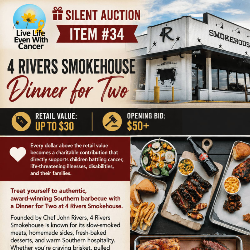 A silent auction flyer for a "Dinner for Two" at 4 Rivers Smokehouse features the restaurant's exterior in the background and a close-up of barbecue platters in the foreground.
