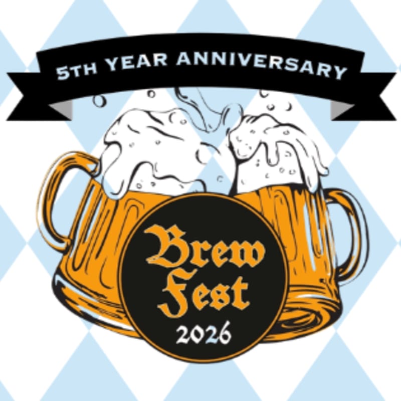 Two overflowing beer mugs with frothy heads are centered in the foreground, set against a light blue diamond pattern in the background, with a black banner above proclaiming "5th YEAR ANNIVERSARY" and a circular emblem reading "Brew Fest 2026".