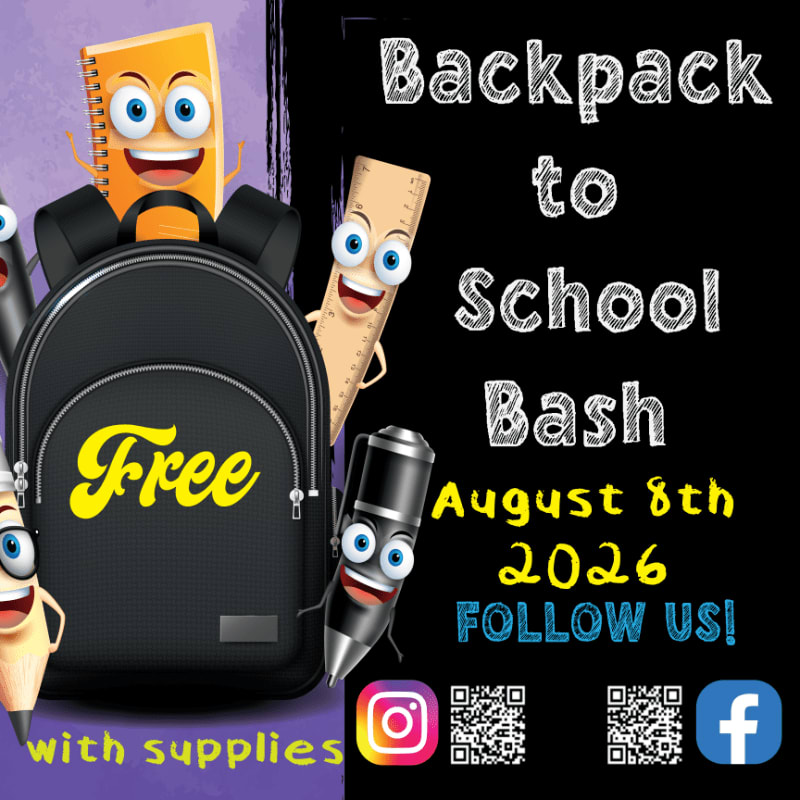 A black backpack with cartoon school supplies in the foreground is set against a purple and black background advertising a "Backpack to School Bash" on August 8th, 2026.